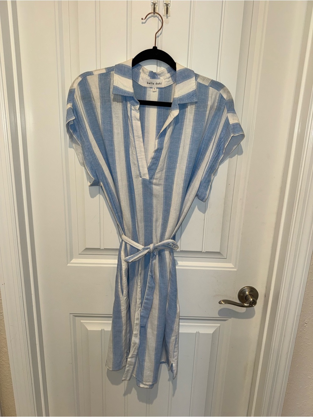 Bella Dahl Light Blue and White Vertical Stripe Shirt Dress